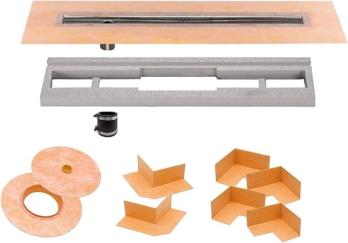 All-in-one Waterproof Linear Shower Drain Kit with 36 Inch Off-set Outlet Channel Body (KL1VO60E90) and Drain Grate Assembly (Cover) in Solid Design with Matte Black Finish (KL1AR19MGS90)