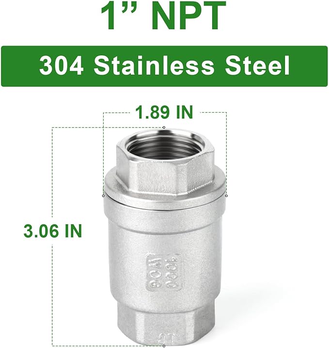 TAISHER 2PCS 304 Stainless Steel 1" NPT Female Vertical Check Valve，Backflow Prevention, One Way Spring Check Valves CF8 WOG 1000