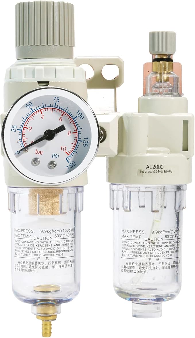 1/4" NPT Compressed Air Filter Regulator Lubricator Combo Pneumatic Air Dryer for Compressor,Water/Oil Trap Separator with Gauge(0-150 PSI), Semi-Auto Drain, Bracket