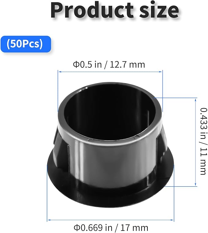 50 Pcs OD 0.5"(12.7mm) Black Hole Knockout Locking Plugs,Plastic Nylon Round Drilling Hole Plugs,Flush Type Panel Round Snap in Fastener,Tube Fastener Cover for Furniture Insert End Caps