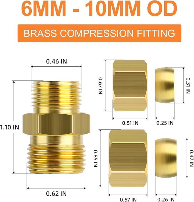 GASHER 10PCS Brass Compression Tube Pipe Fitting Connector, 6mmx10mm Tube OD Connector