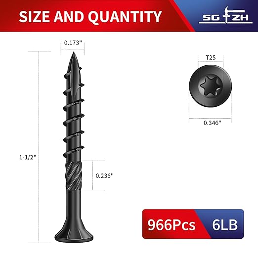 #8 x 1-1/2" Deck Screws (966Pcs) 6lb. Carbon Steel, Black, Flat Head, Rust Resistant epoxy Coated, with T25 Star Bit