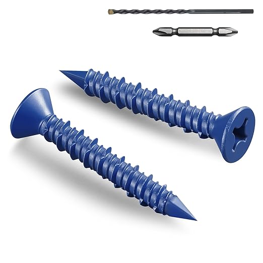 100Pcs 1/4 x 2-1/4 Inch Concrete Screws Anchor with Drill Bit, Blue Flat Head Masonry Brick Stucco Cement Block Screws, Diamond Point