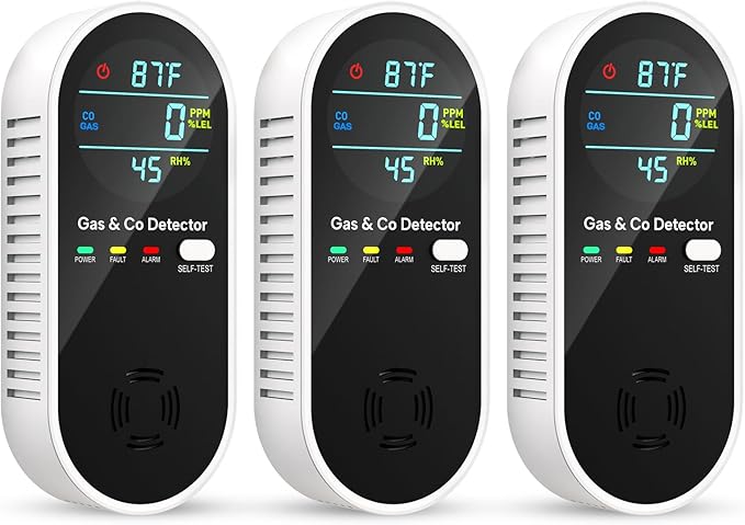 Carbon Monoxide Detectors & Natural Gas Detector, 4-in-1 Carbon Monoxide Detectors Plug in, Gas Leak Detector with Dual Alarms, Temperature & Humidity Sensor for Home, RV, Black, 3 Packs