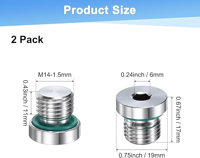 1-Pack Inner Hex Head Pipe Fitting Plug, M14x1.5mm 304 Stainless Steel Socket Bung Plug with Fluorine Sealing Ring for Terminate Pipe Ends/Replacement Drains