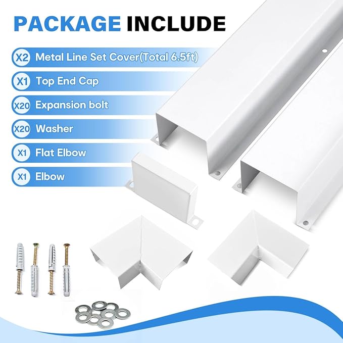 LyPrem 3" W x 6.5Ft L Metal Line Set Cover Kit - Decorative AC Pipe Cover for Ductless Mini Split/Central Air Conditioner/Heat Pump Systems, White