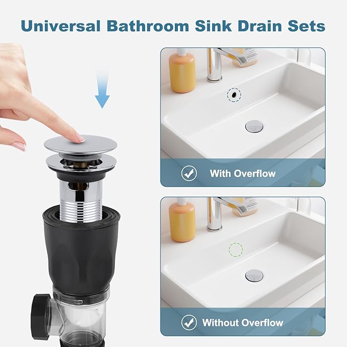 iFealClear Bathroom Sink Drain Kit, Flexible P-Trap Drain Pipe with Pop Up Stopper, Sink Pipe Replacement with 2 Adapters, Fits 1-1/4'', 1-1/2'', 2" Holes, Big Cover Cap, Brass Bounce Core, Chrome