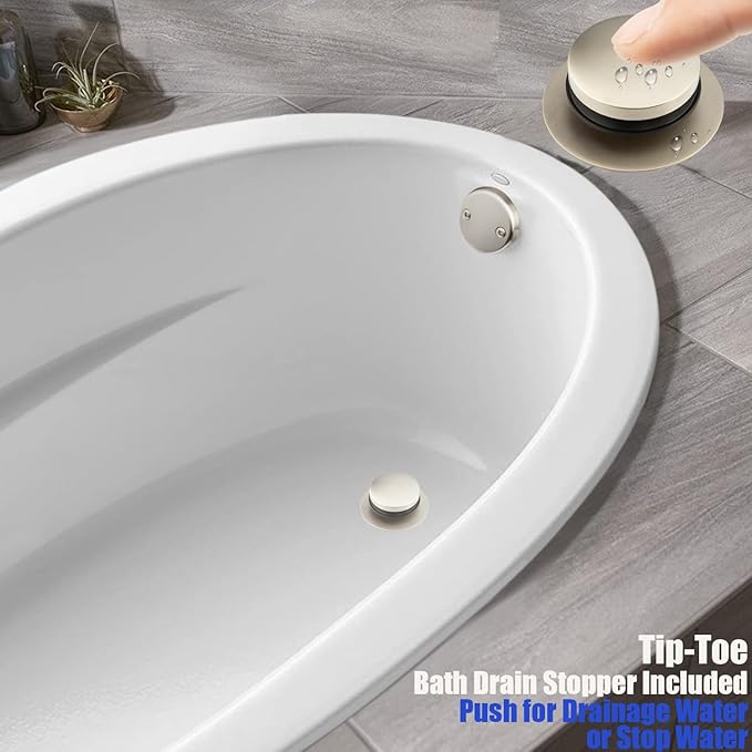 Artiwell 1-1/2" Black Tubular Bath Drain Kit with Tip-Toe Bath Drain Stopper, Touch-Toe Tub Drain, Tip Toe Bathtub Drain Waste and Overflow with Plug and Bathtub Overflow Drain Cover, Brushed Nickel