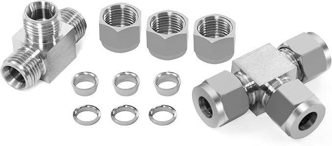 ChillWaves 304 Stainless Steel Tee Compression Tube Fitting, 3/8" OD x 3/8" OD x 3/8" OD Compression Union Connector(2-PACK)