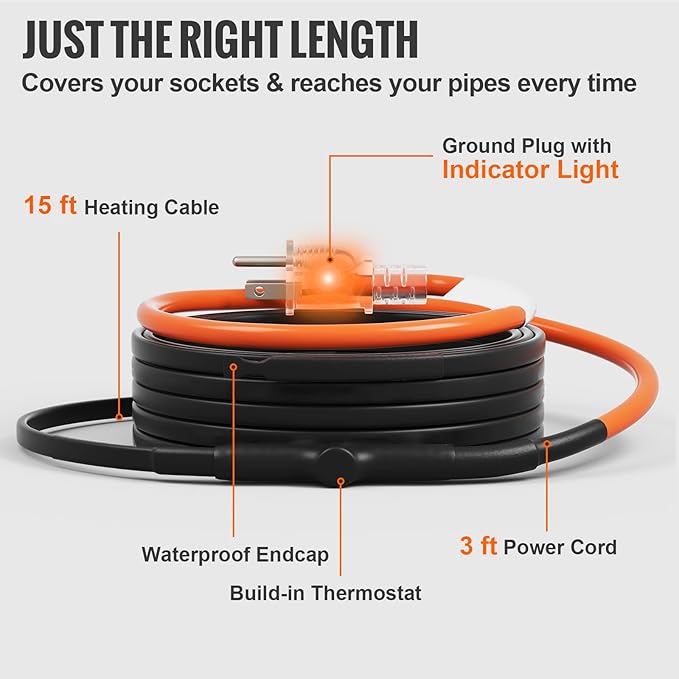 VEVOR Self-Regulating Pipe Heating Cable, 15FT 5W/FT Heat Tape for Pipes Freeze Protection, Water Pipe Heat Cable with Built-in Thermostat Protects PVC Hose, Metal and Plastic Pipe from Freezing