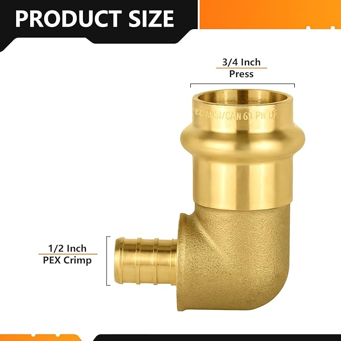 10-Pack HeSun Copper Press Fitting Elbow, 3/4" PRESS X 1/2" PEX F1807 Crimp Elbow, LF Brass