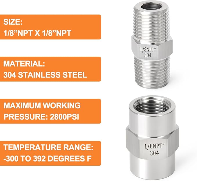 GASHER 4PCS 304 Stainless Steel Pipe Fitting, Hex Nipple Hex Coupling, 1/8" x 1/8" NPT Male Thread Pipe, 1/8Inch x 1/8Inch NPT Female Thread Pipe
