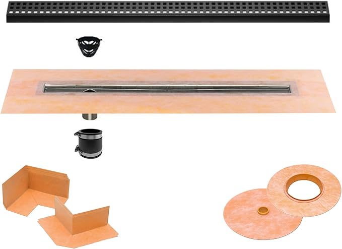 All-in-one Waterproof Linear Shower Drain Kit with 36 Inch Off-set Outlet Channel Body (KL1VO60E90) and Drain Grate Assembly (Cover) in Square Design with Matte Black Finish (KL1B19MGS90)