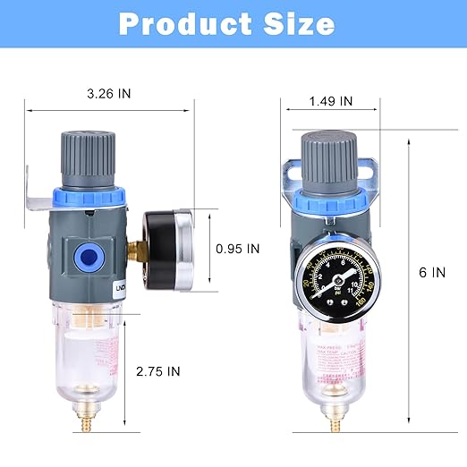 1/4 Inch NPT Air Filter Pressure Regulator, Water-Trap Air Tool Compressor Filter with Gauge AFR2000
