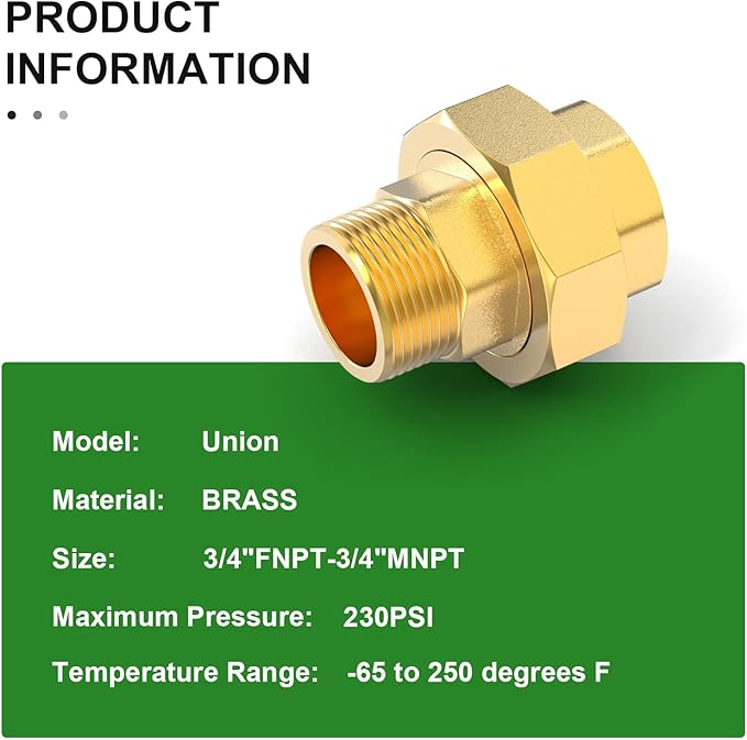 TAISHER 1PCS Brass Union，3/4" NPT Male x 3/4" NPT Female Brass Pipe Fitting