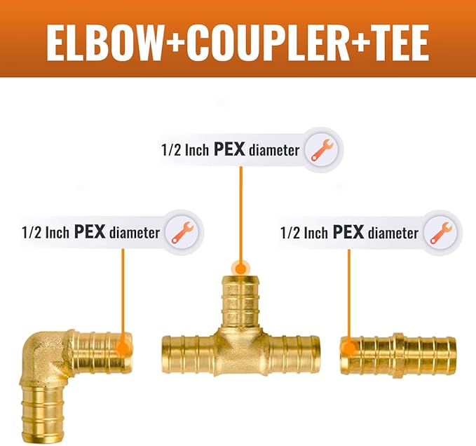 SUNGATOR 15-Pack 1/2 Inch PEX Fittings, 5 Each Elbow Tee Coupling, No Lead Brass, Pex Fittings 1/2 Inch Assortment, UPC, NSF Certified