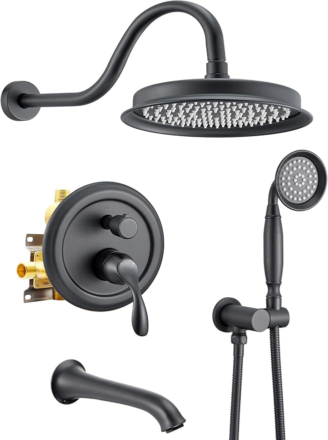 DASAN Matte Black Shower System with Tub Spout, Tub and Shower Faucet Combo Set with Valve & Trim Kit Bathtub Shower Faucet Set Bathtub Shower System with Rainfall Shower Head & Handheld, AT309W-MB