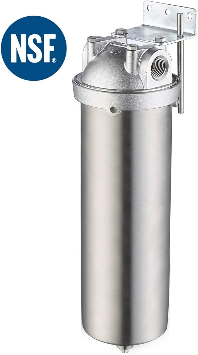 Amwater NSF/ANSI 42 Stainless Steel Whole House Water Filter Housing, 10" x 2.5" Sediment Water Filter System for Heavy Duty, Well & City Water, 3/4" NPT Port, Drain Valve Style C