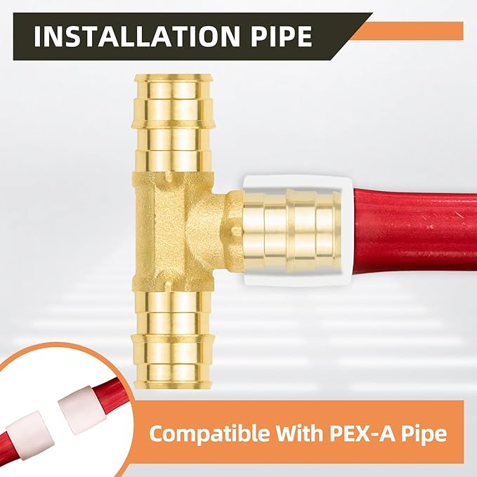 10-Pack YVSKM 1/2" PEX-A Tee Expansion Fitting, Lead-Free Brass Full Flow Connector, ASTM F1960 & cUPC Certified for Residential Hot & Cold Water and Radiant Heating Systems