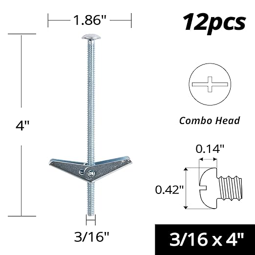 HASWARE Toggle Bolt Zinc Plated Steel and Wing Nut for Hanging Heavy Items on Drywall 3/16x4 (12 Pack)