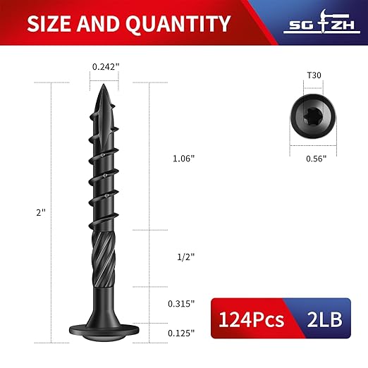 #14 x 2 Inch Lag Screws (124Pcs) 2lb. Structural Wood Screw, Black, Carbon Steel, Washer Head, Rust Resistant epoxy Coated, T30 Torx Bit
