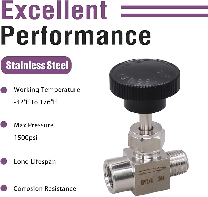 Gas Needle Valve 1/4 NPT Female x 1/4 NPT Male, Stainless Steel Industrial Control Valves for Oil and Water, 1PC
