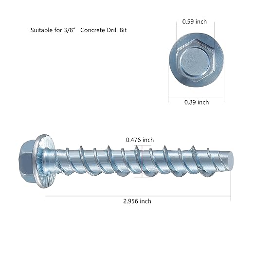 3/8" x 3" Zinc Plated Large Diameter Concrete Screw Actual Thickness 1/2"(12mm) for Anchoring to Masonry, Brick or Block (10 pcs)