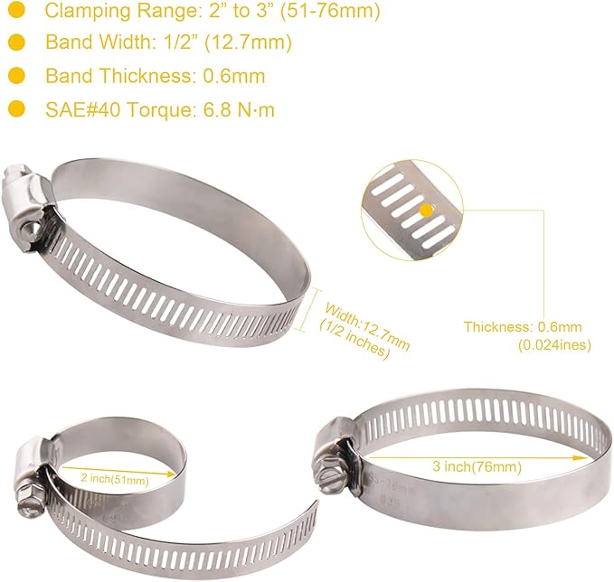 Winlong Stainless Steel 2.5'' Hose Clamps, 10PK SAE 40 Worm Gear Hose Clamps Adjustable 2 Inch-3 Inch (51-76mm) for Automotive Plumbing, 2 1/2'', 2 3/4’’, 2 1/4'' Hose Clamps