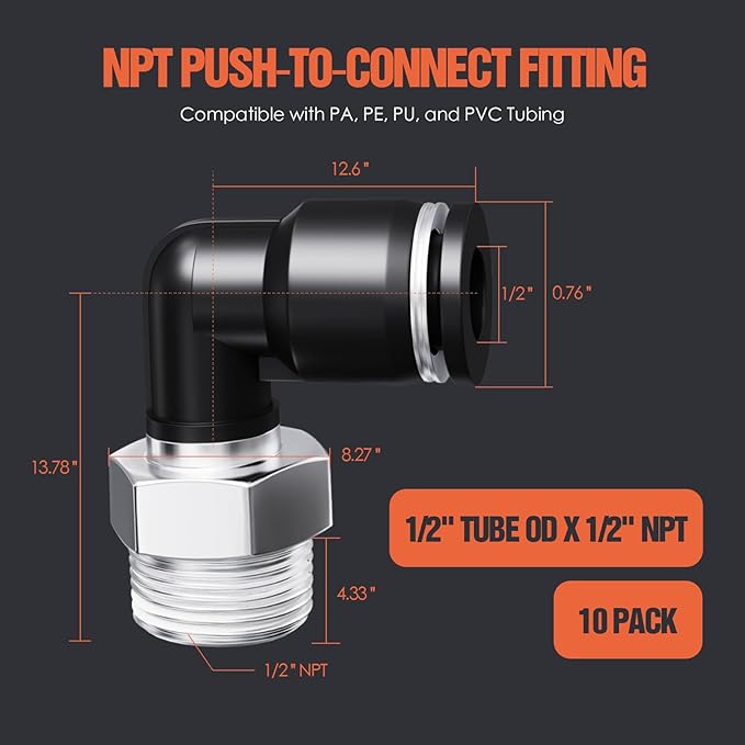 1/2"OD x 1/2"NPT Thread Push to Connect Fittings – Air Line Elbow Connectors, Quick Connect Pneumatic Fittings, Push Lock Air Hose Fittings for Compressor, Air Tools & Tubing (10 PCS)