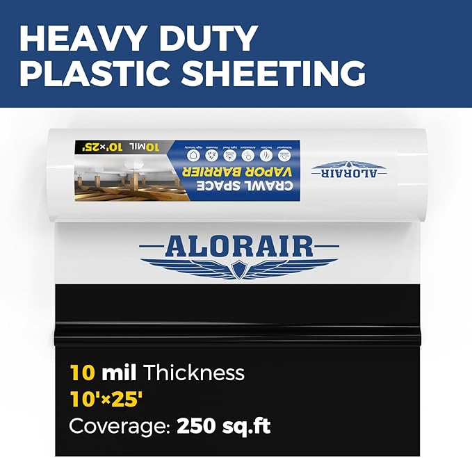 ALORAIR Crawl Space Vapor Barrier 10 mil 10'x25', Drop Cloth Vapor Barrier Covering for Crawlspace Encapsulation Moisture Control, Thick Plastic Sheeting Heavy Duty, Black and White Panda Film