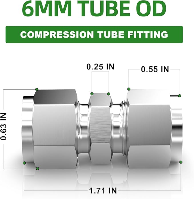 TAISHER 5PCS 304 Stainless Steel Compression Tube Pipe Fitting Connector, 6MM Tube OD x 6MM Tube OD Straight Adapter