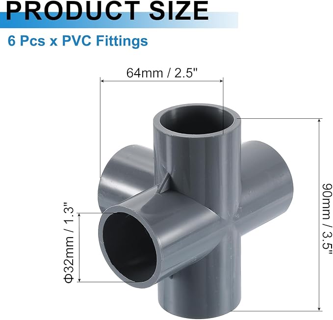 uxcell 1" PVC Fittings, 6 Pcs 5 Way Elbow Connector Elbow PVC Furniture Fittings Corner Fitting for Water Supplies PVC Furniture DIY Shelf Greenhouse Tent Connection, Grey