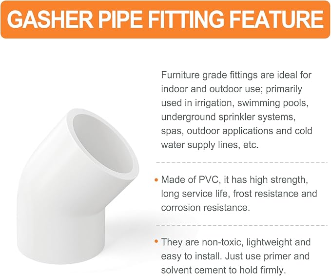 GASHER 15PCS PVC Pipe Fitting 1" PVC 45 Degree Elbow, Furniture Grade Pipe Socket Fittings, For Home or Industrial