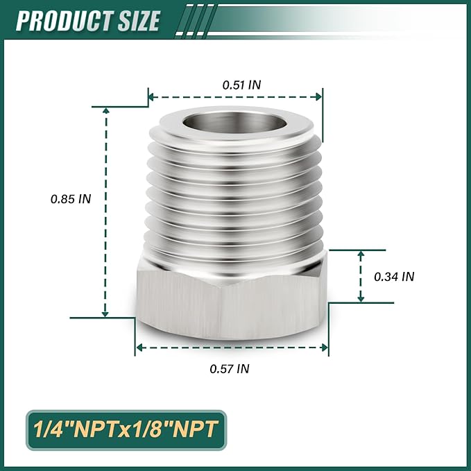 2PCS 304 Stainless Steel Reducer Hex Bushing, 1/4" NPT Male x 1/8" NPT Female, Reducing Pipe Adapter Fitting, for Air/Fuel/Water/Gas/Oil