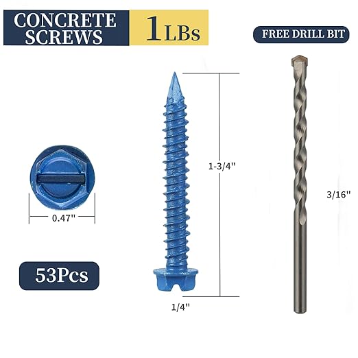 53Pcs 1/4 x 1-3/4 in Concrete Screws with Drill bits,Masonry Screws for Concrete Assortment Kit,Hex Head Block Cement Stacoo Screws and Anchors,Diamond Point,Blue Coated(1LB)