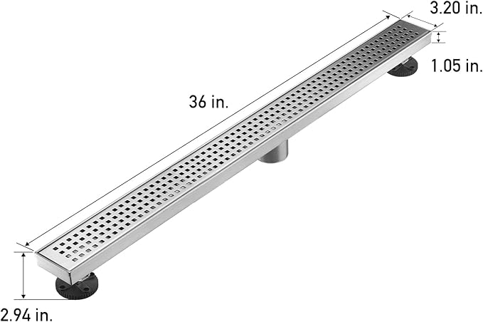 Linear Shower Floor Drain, Brushed Nickel 36 Inch 304 Stainless Steel Bathroom Drains Kit, Long Rectangular Shower Trench Drain with Square Pattern Drain Cover & Hair Catcher
