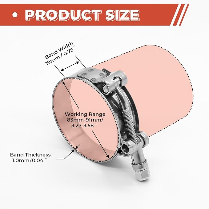 12 Pack 3 inch T-Bolt Hose Clamps, Stainless Steel_304 Working Range 83mm-91mm for 3" Hose ID, Turbo Intake Intercooler Clamp for Automotive