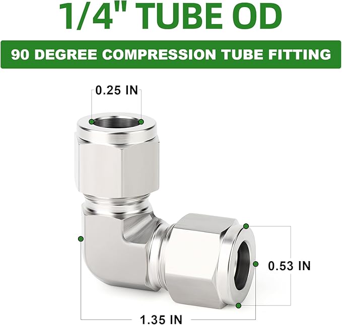 TAISHER 1PCS 316 Stainless Steel 90 Degree Compression Tube Pipe Fitting Connector, 1/4" Tube OD x 1/4" Tube OD Adapter