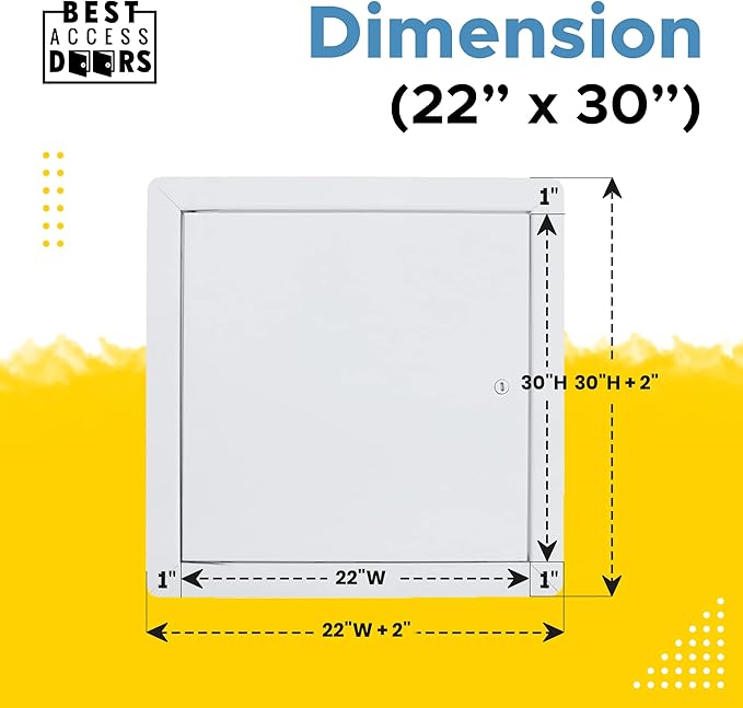 Best 22" x 30" Universal Access Panel – Flush Steel Door with Exposed Flange for Walls or Ceilings, 16-Gauge Cold Rolled Steel Frame, Screwdriver Cam Latch, White Powder-Coat Primer Finish, BA-UAP