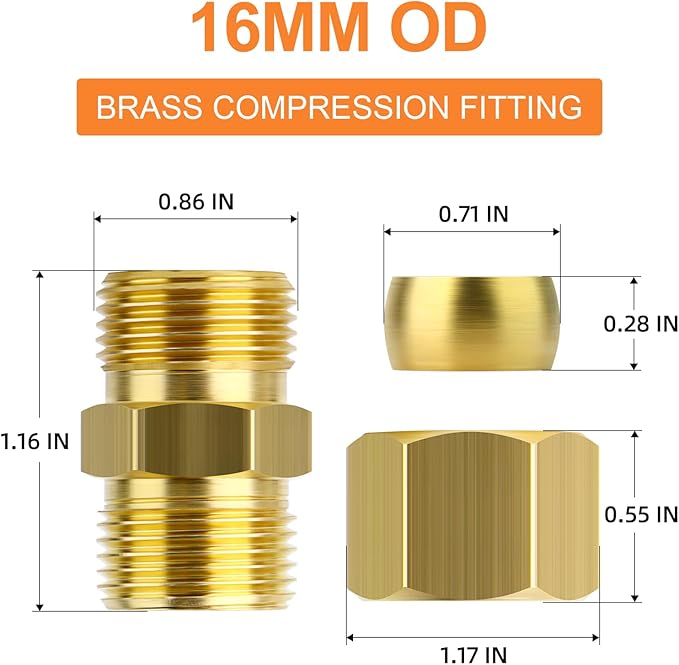 GASHER 10PCS Brass Compression Tube Pipe Fitting Connector, 16mm Tube OD Connector