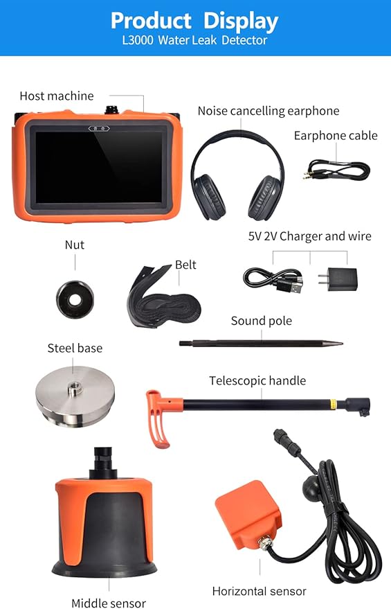 PQWT L3000 Underground Water Leak Detectors Indoor Outdoor Wall Water Pipe Detector Machine Multi Sensor Acoustic Pipeline Leakage Detection Kit Noise Reduction Headphone Smart Touchscreen Carry Case