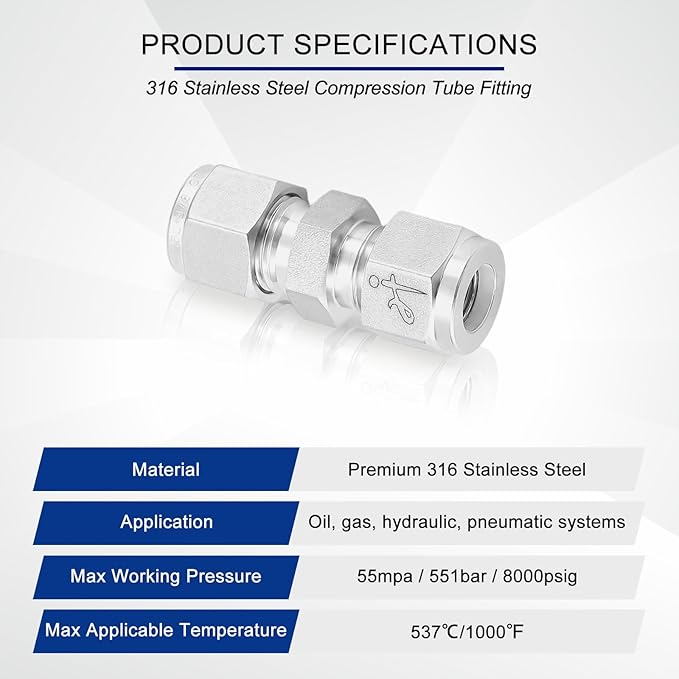 316 Stainless Steel Compression Tube Fitting 1/4" OD x 1/4" OD Straight Union Adapter Connector with Double Ferrules for Oil, Chemical, and Natural Gas Connections