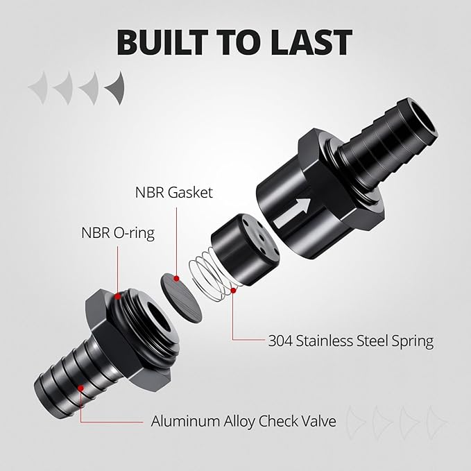 EVIL ENERGY 1/2" (12mm) Check Valve, 3 Pcs Aluminum One Way Fuel Check Valve for Gasoline, Diesel & Coolant with Universal Hose Clamps, Black
