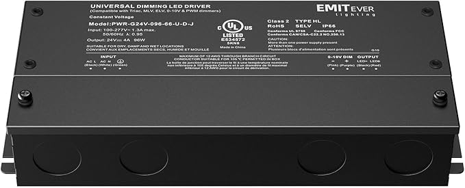 EMITEVER 96W Dimmable LED Driver,24V Dimmable Power Supply,AC to DC Transformer for LED Light,5-in-1 Dimming: ELV/MLV/TRIAC/ 0-10V/ 1-10V/10V PWM/Potentiometer,Waterproof IP67 and UL Listed,Class 2