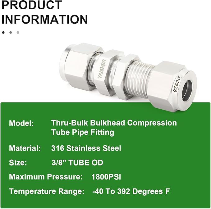 TAISHER 1PCS 316 Stainless Steel Thru-Bulk Bulkhead Compression Tube Pipe Fitting Connector, 3/8" Tube OD x 3/8" Tube OD Straight Adapter