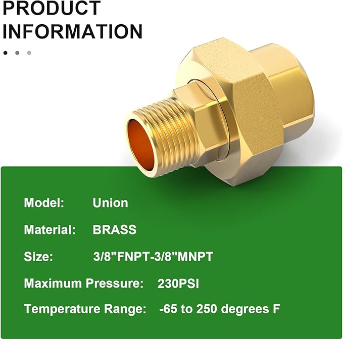 TAISHER 1PCS Brass Union，3/8" NPT Male x 3/8" NPT Female Brass Pipe Fitting