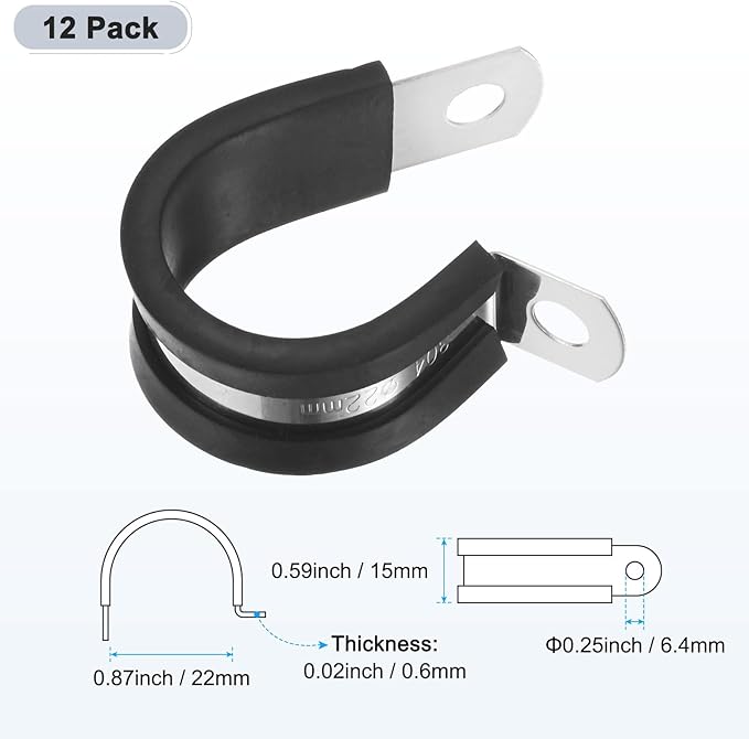 12-Pack Cable Clamps, 7/8 Inch/ 22 mm 304 Stainless Steel Rubber Cushioned Insulated Cable Clamp R Shape Metal Holder for Tube/Wire/Pipe/Loop Installation