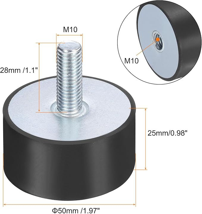 uxcell 2pcs M10x28mm Rubber Isolator Mounts with Studs 50x25mm Male Female Vibration Shock Absorber Zinc Plated Cylindrical Thread Mounts Anti Vibration Isolators with 2pcs M10 Lock Nuts