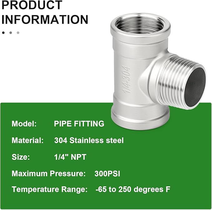 TAISHER 5PCS 304 Stainless Steel Tee Pipe Fittings, 1/4" NPT Female x 1/4" NPT Male x 1/4" NPT Female Pipe Fittings, Male Branch Tee