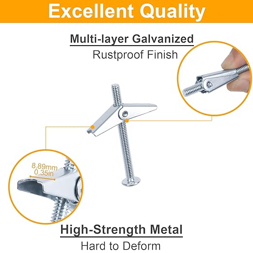 KURUI 1/8 Toggle Bolts for Drywall, 48 Pcs Heavy Duty Metal Drywall Anchors Kit, Dry Wall Anchors and Screws Kit, Butterfly Anchors for Ceiling, Sheetrock, Hollow Wall